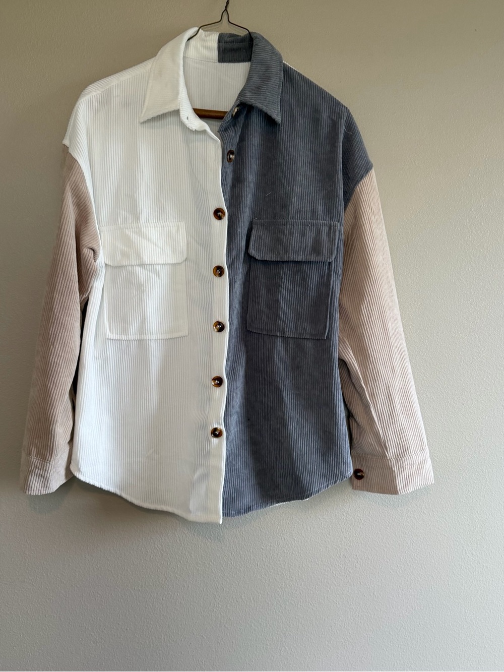 Colorblock Corduroy Button-Up Shirt — White, Gray & Beige